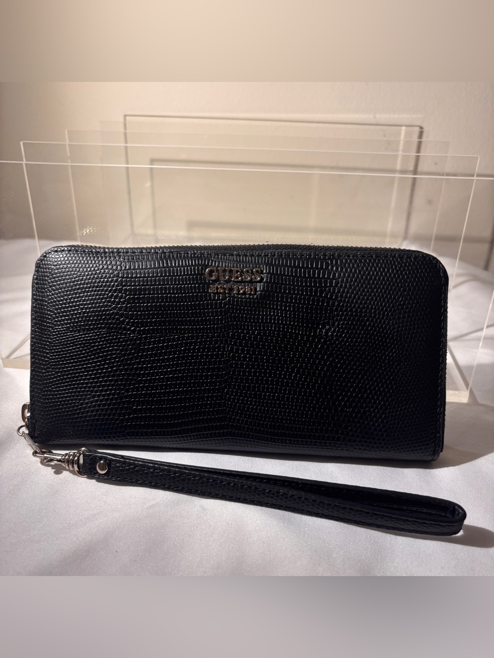 Guess Black Embossed Zip-Around Wristlet Wallet with Gold Logo